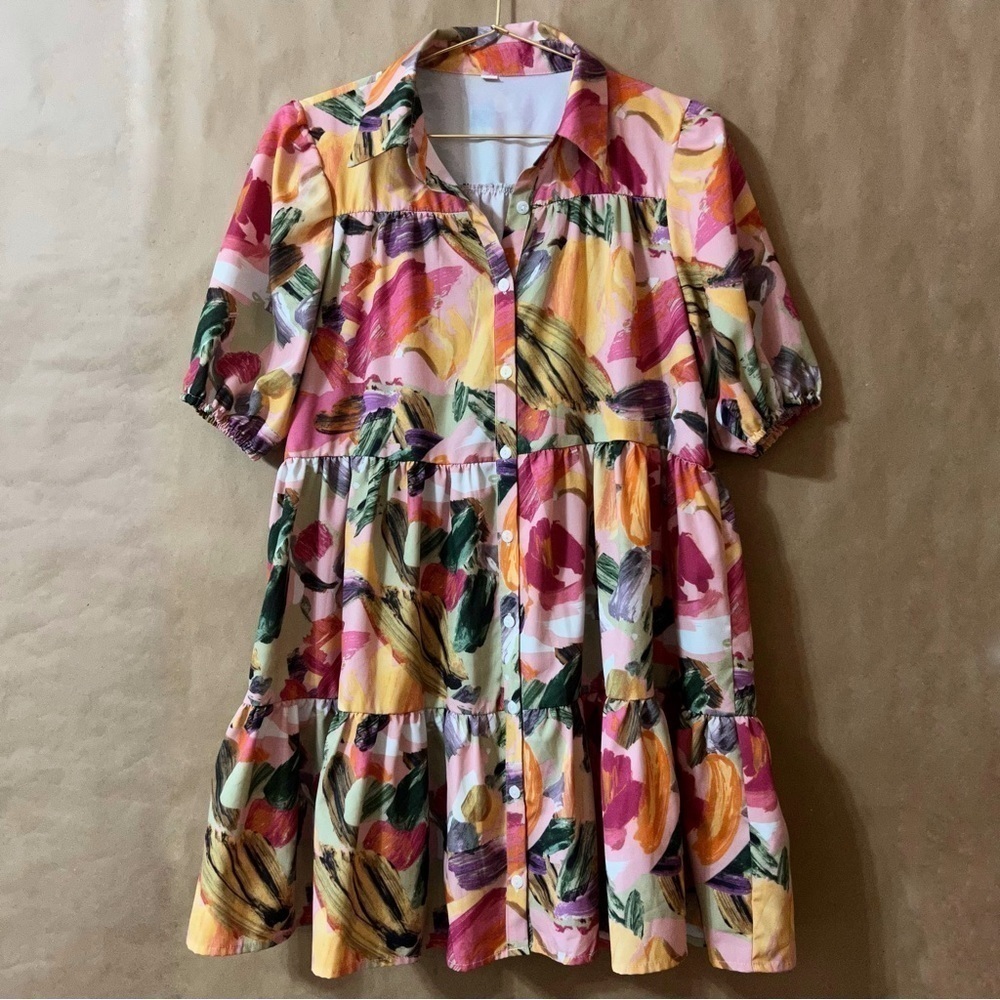 Abstract Watercolor Print Button Front Tiered Popover Mini Shirt Dress Size XS